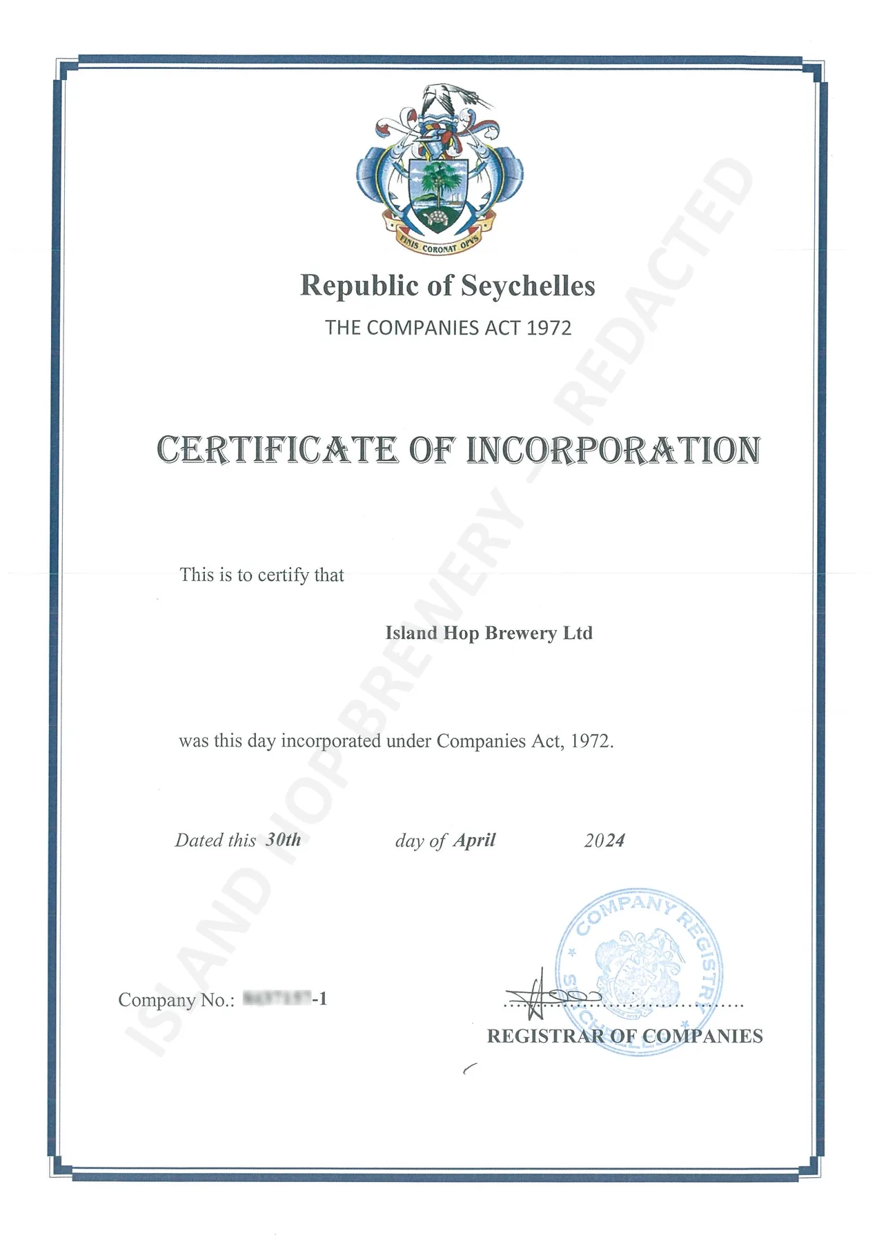 Island Hop Brewery Certificate of Incorporation, Seychelles (redacted)
