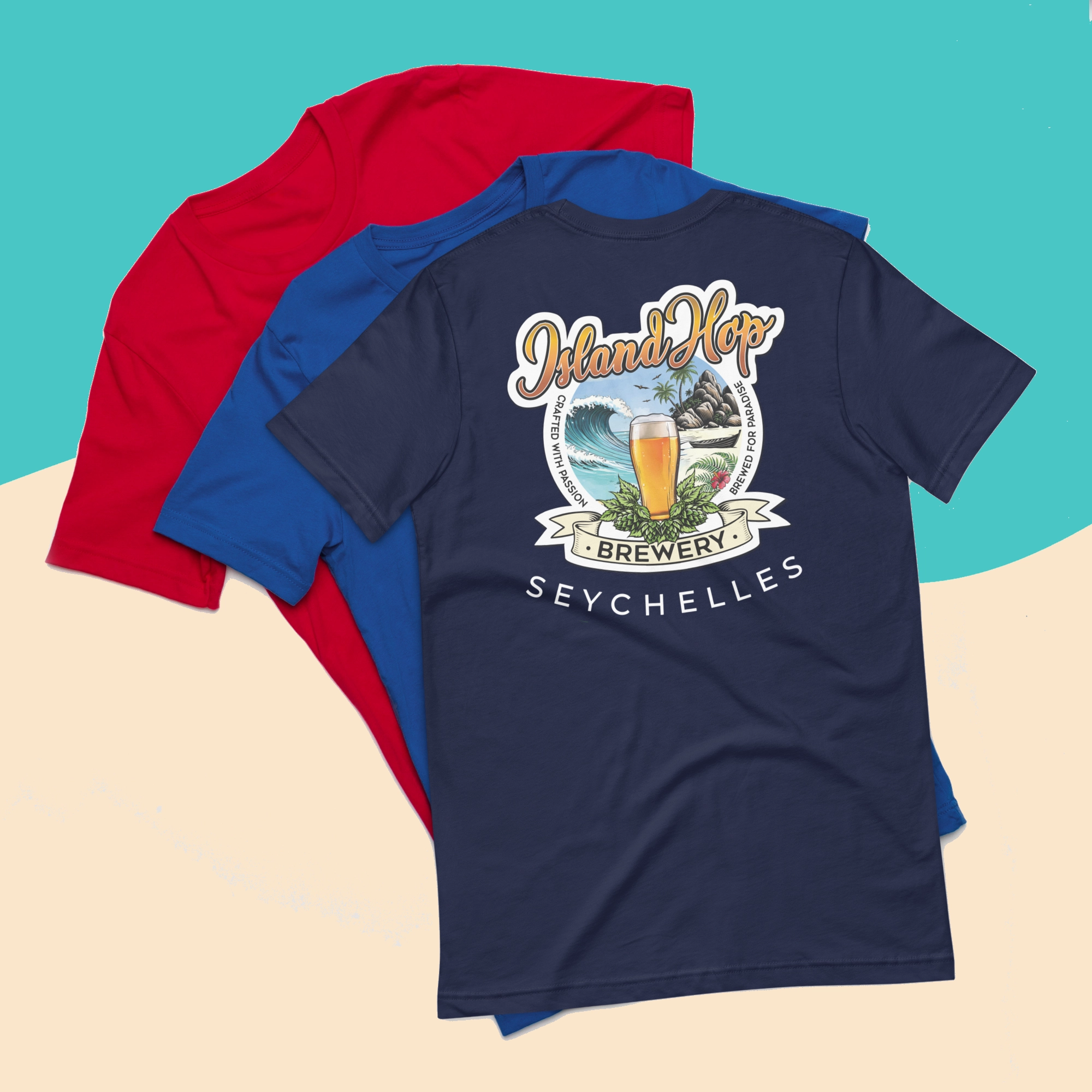 Stacked Island Hop Brewery t-shirt mockups in red, blue, and navy, showing the small front chest logo on the navy shirt.