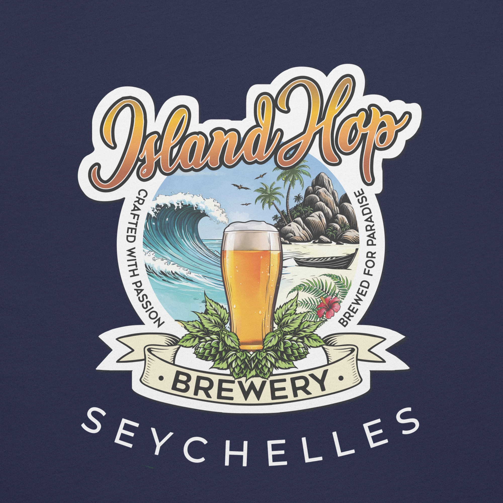 Close-up of the Island Hop Brewery t-shirt back design featuring a beer glass, tropical island scene, wave, hops, and Seychelles branding.