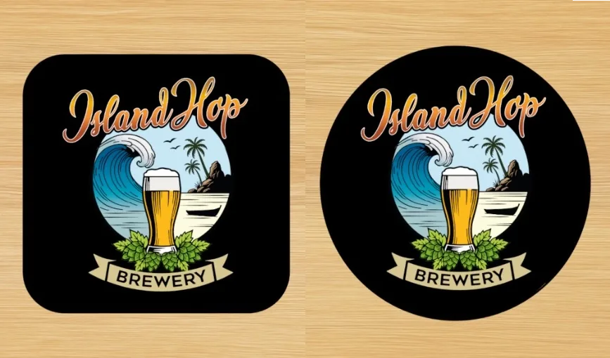 Two finalist coaster designs for Island Hop Brewery