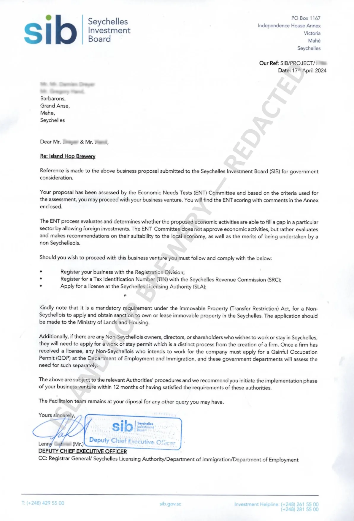 Seychelles Investment Board approval letter for Island Hop Brewery (redacted)