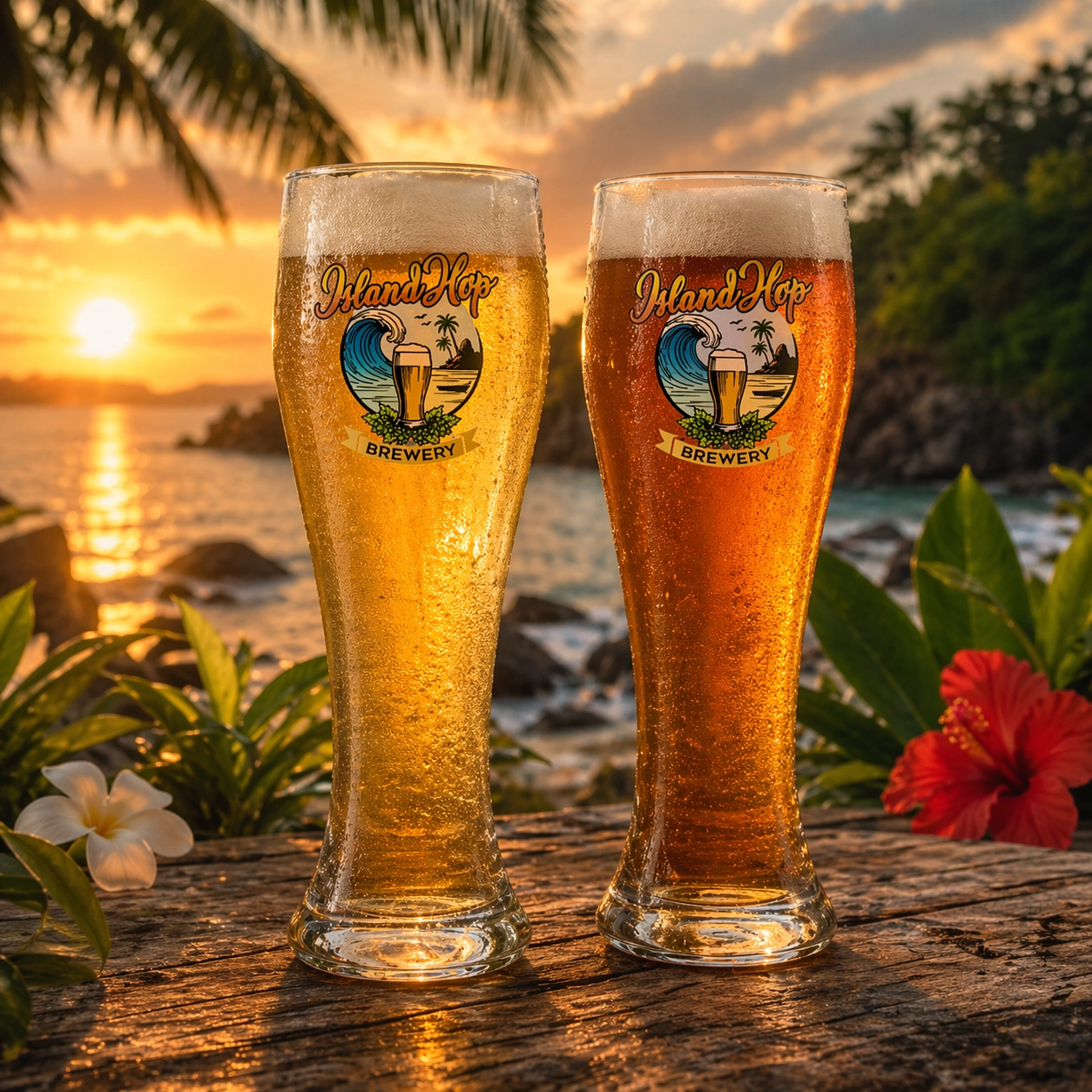 Two beers enjoyed at sunset in Seychelles